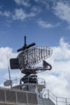 phased array surface detection and tracking radar, early warning system mounted on gray frigate